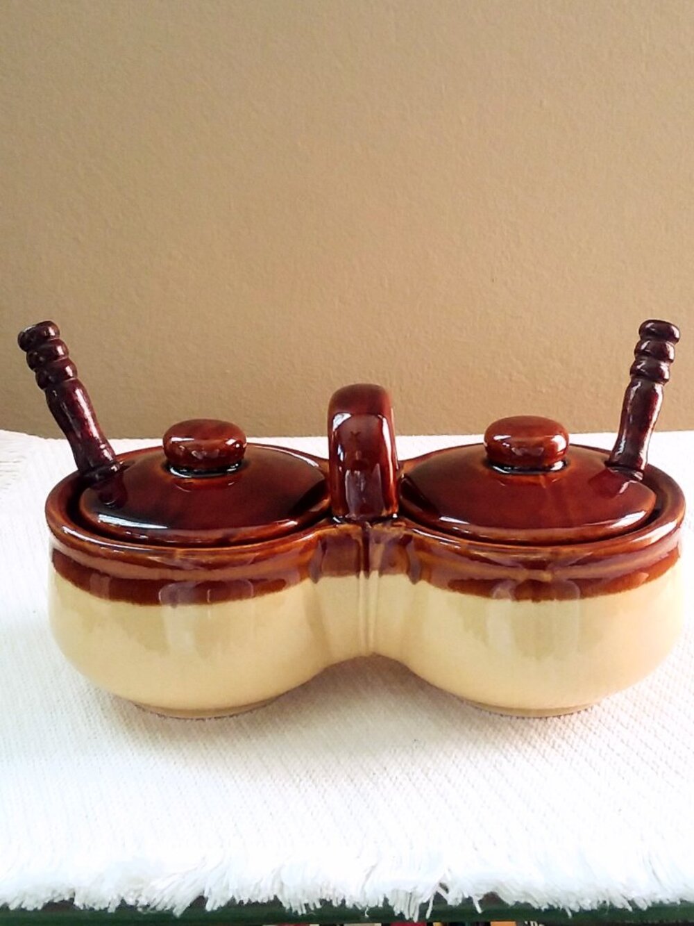 Double Ceramic Condiment Server with Lids & Spoons, Vintage Jelly Server